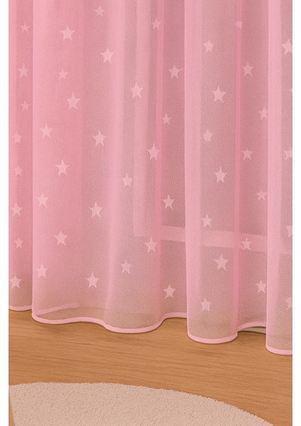Pembe Yıldızlı Tül Perde, Kız Çocuk Odası, Sık Pile, Düz, Sade, Tül Perde, Kornişli, Pembe indirimleri