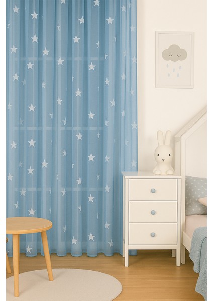 Mavi Yıldızlı Tül Perde, Erkek Çocuk Odası, Sık Pile, Düz, Sade, Tül Perde, Kornişli, Mavi
