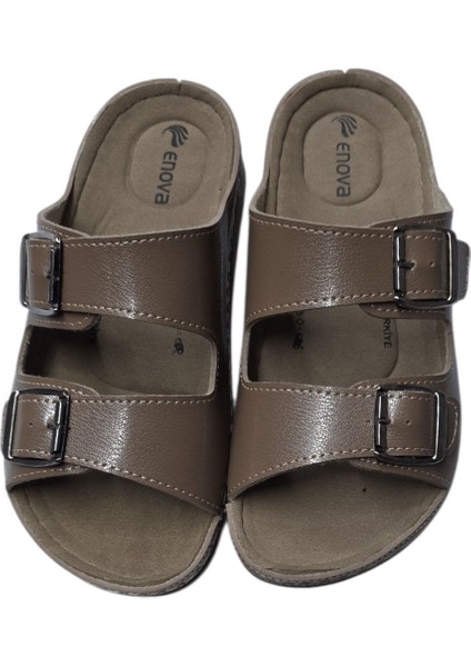 Enova Çift Tokalı Ortopedik Günlük Yumuşak Suni Deri Ev Dışarı Terliği