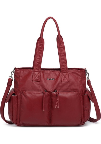 Barcelona Büyük Shopper Çok Cepli Uzun Askılı Kadın Omuz ÇANTASI1927 Bordo