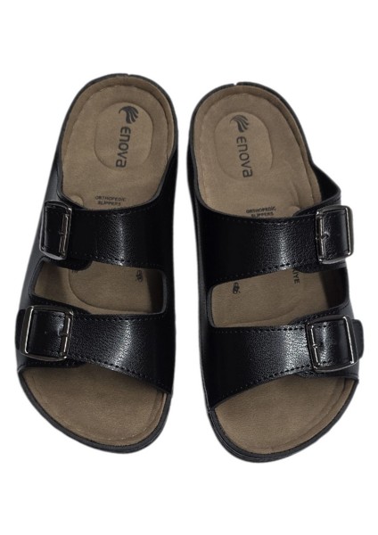 Enova Çift Tokalı Ortopedik Günlük Yumuşak Suni Deri Ev Dışarı Terliği