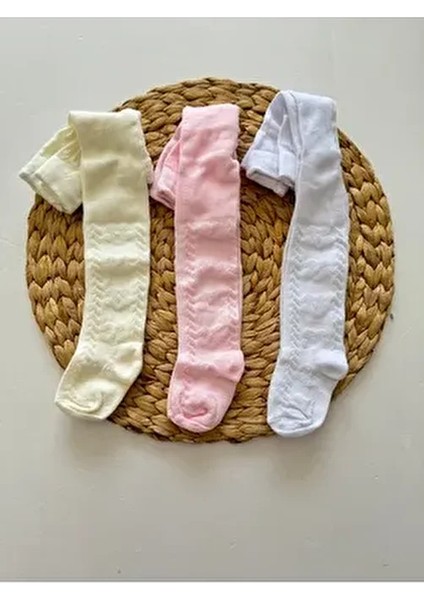 Yenidoğan Kız Bebek Külotlu Çorap Pamuklu Esnek 3 Renk Düz Desenli