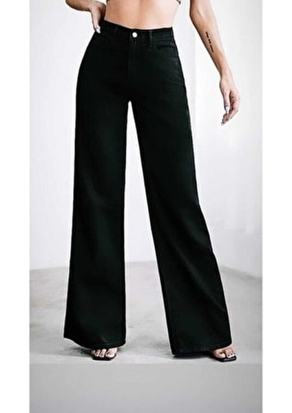 Kadın Siyah Likralı Wide Leg Pantolon Süper Yüksek Bel Konforlu ve Şık