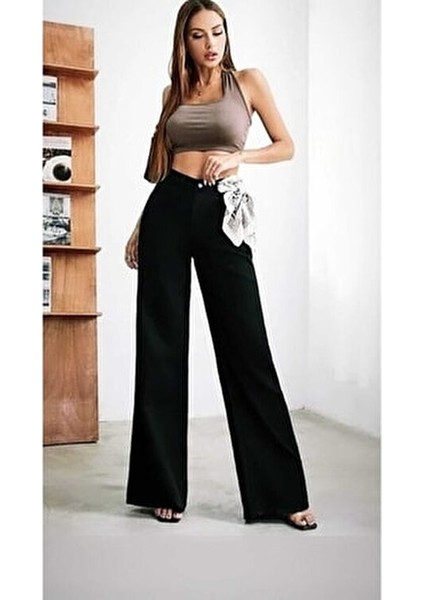 Kadın Siyah Likralı Wide Leg Pantolon Süper Yüksek Bel Konforlu ve Şık fiyatları
