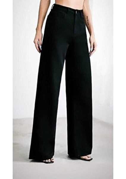 Kadın Siyah Likralı Wide Leg Pantolon Süper Yüksek Bel Konforlu ve Şık modelleri