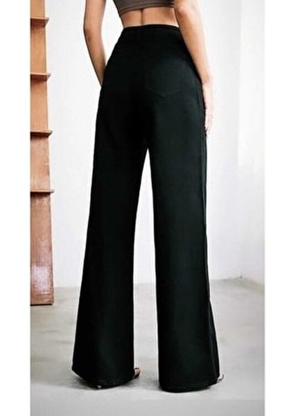 Kadın Siyah Likralı Wide Leg Pantolon Süper Yüksek Bel Konforlu ve Şık fırsatları