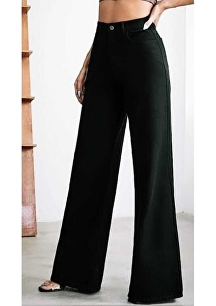 Kadın Siyah Likralı Wide Leg Pantolon Süper Yüksek Bel Konforlu ve Şık indirimleri