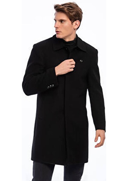 Erkek Siyah Yün Karışımlı Kalın Kaşe Palto Uzun Kol Casual Stil