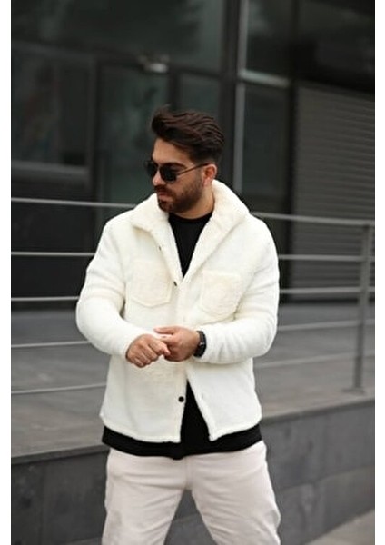 Peluş Ceket Unisex Fit Kalıp Cepli - Düğmeli Gömlek - Polar Hırka
