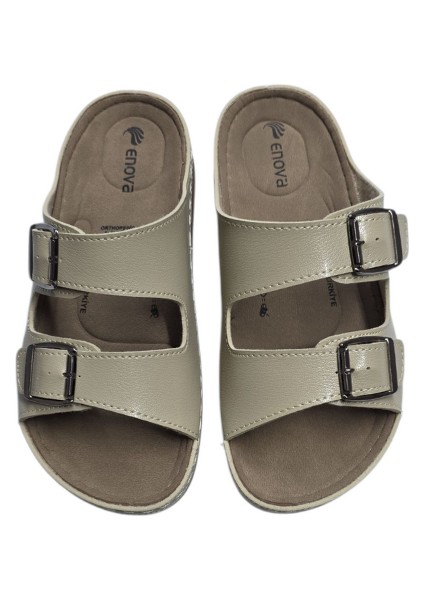 Enova Çift Tokalı Ortopedik Günlük Yumuşak Suni Deri Ev Dışarı Terliği