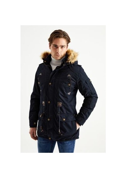 Erkek Lacivert Kapüşonlu Kürk Astarlı Su Geçirmez Kaplamalı Kalın Kaban
