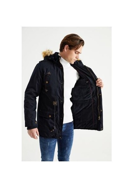 Erkek Lacivert Kapüşonlu Kürk Astarlı Su Geçirmez Kaplamalı Kalın Kaban fiyatları