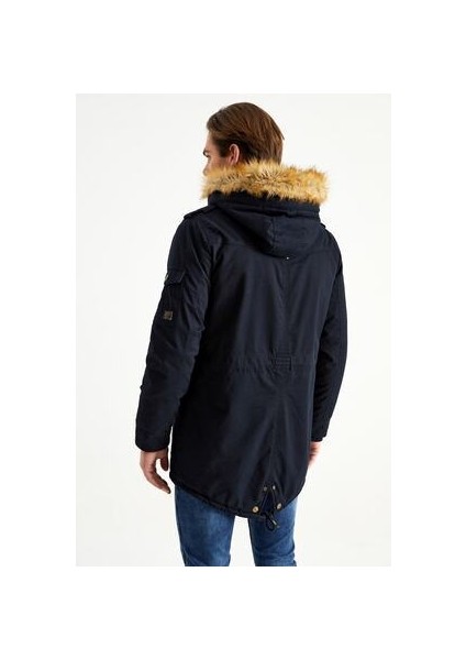 Erkek Lacivert Kapüşonlu Kürk Astarlı Su Geçirmez Kaplamalı Kalın Kaban fırsatları