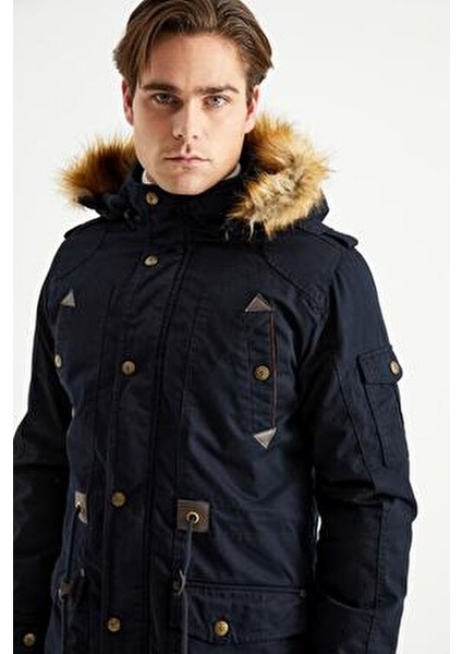 Erkek Lacivert Kapüşonlu Kürk Astarlı Su Geçirmez Kaplamalı Kalın Kaban indirimleri