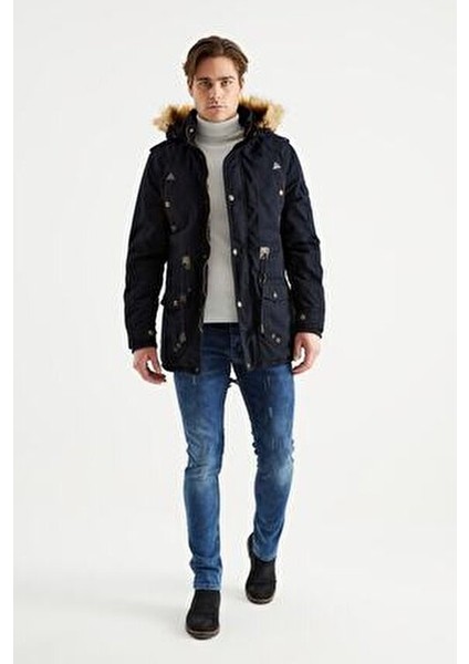 Erkek Lacivert Kapüşonlu Kürk Astarlı Su Geçirmez Kaplamalı Kalın Kaban