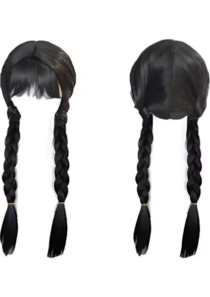 Wednesday Addams Karakter Peruk – 61 cm Uzunluk, Isıya Dayanıklı Sentetik Örgülü Saç, Doğal Siyah, Halloween & Parti Kostüm Peruğu