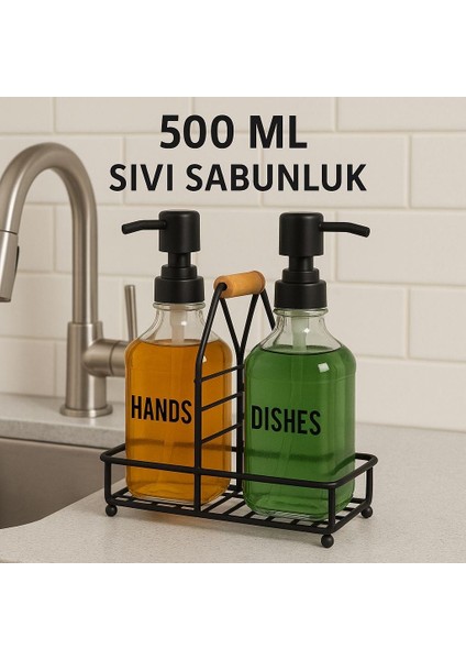 2'li Siyah Stantlı Lif Bölmeli Paslanmaz Çelik Sıvı Sabunluk Deterjanlık Seti