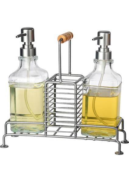 Bland 2'li Metal Stantlı Cam Sıvı Sabunluk - Şeffaf / Gri - 200 ml