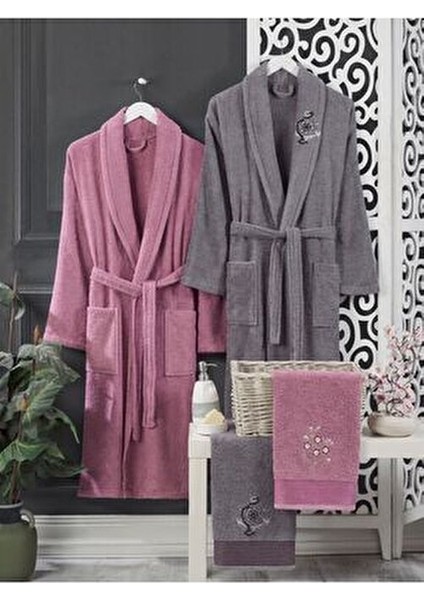 Kadınlar İçin Mürdüm Antrasit 4lü Pamuk Havlulu Bornoz Seti Cepli Düz Desenli