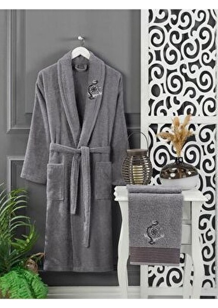 Kadınlar İçin Mürdüm Antrasit 4lü Pamuk Havlulu Bornoz Seti Cepli Düz Desenli fiyatları