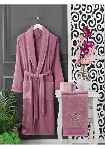 Kadınlar İçin Mürdüm Antrasit 4lü Pamuk Havlulu Bornoz Seti Cepli Düz Desenli modelleri