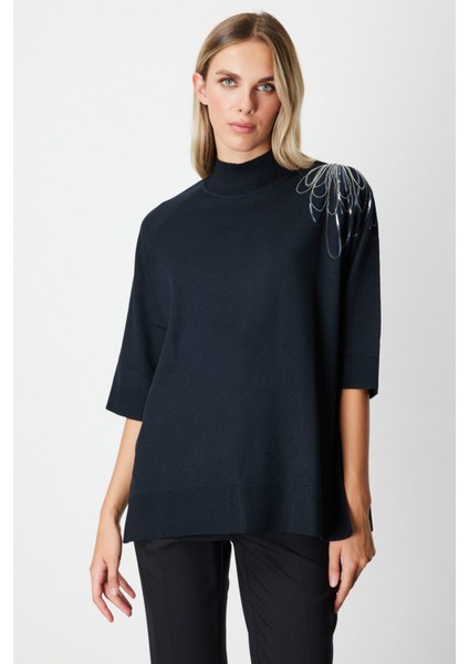 Omzu Zincir Işlemeli Triko Kazak Siyah 65381