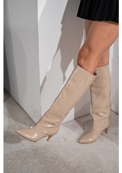 Bej Kroko 5 cm Topuklu Kadın Çizme Vanetto