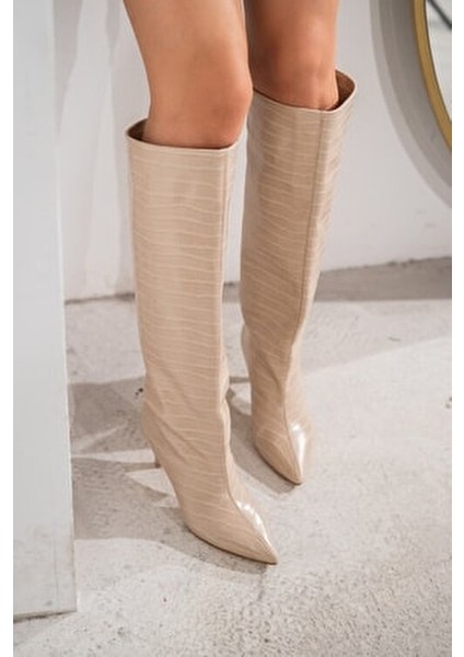 Bej Kroko 5 cm Topuklu Kadın Çizme Vanetto fiyatları