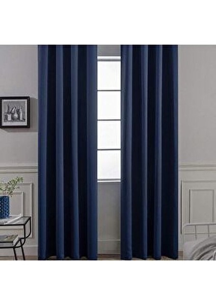 Lacivert Blackout Fon Perde Kornişli Düz Desenli Polyester Kumaş