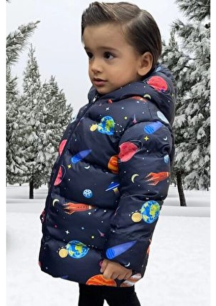 Erkek Çocuk Polarlı Kapüşonlu Gezegen Yıldız Desenli Kışlık Şişme Mont & Kaban & Parka fırsatları