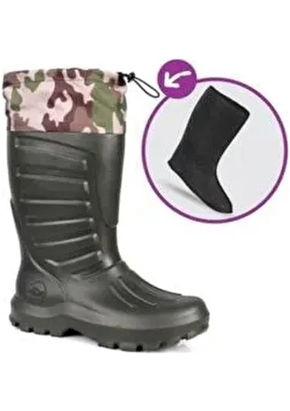 Termal Eva Konçlu Çoraplı Kauçuk Çizme Haki Renk