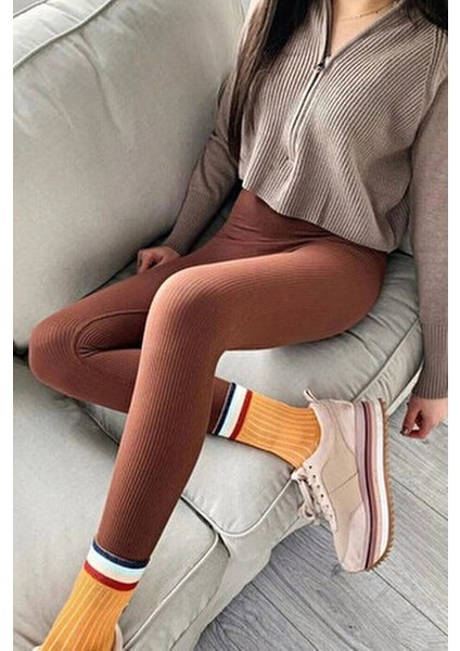 Kadın Fitilli Yüksek Bel Tayt Günlük Kullanımda Hareket Özgürlüğü Sağlayan Kırmızı