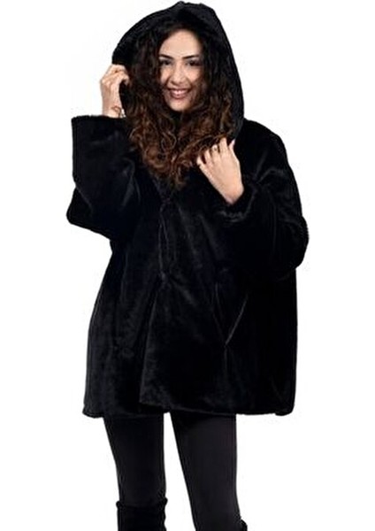 Kadın Siyah Kapüşonlu Kürk Kaban Kumaş Malzeme ile Günlük Kullanım İçin Tasarlandı fiyatları