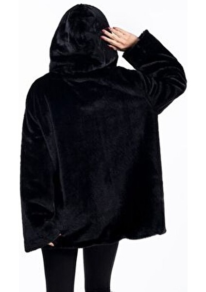 Kadın Siyah Kapüşonlu Kürk Kaban Kumaş Malzeme ile Günlük Kullanım İçin Tasarlandı modelleri