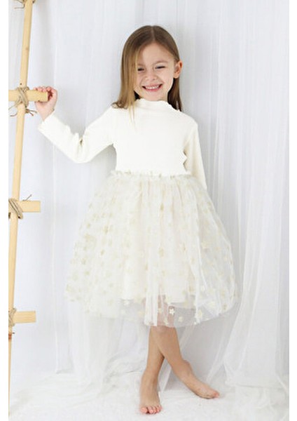 Kız Çocuk Elbisesi Ekru Yıldız Baskılı Tül Etekli Günlük ve Özel Günler İçin