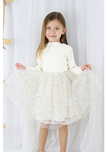 Kız Çocuk Elbisesi Ekru Yıldız Baskılı Tül Etekli Günlük ve Özel Günler İçin fiyatları