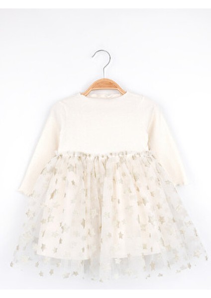Kız Çocuk Elbisesi Ekru Yıldız Baskılı Tül Etekli Günlük ve Özel Günler İçin modelleri