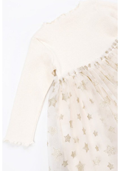 Kız Çocuk Elbisesi Ekru Yıldız Baskılı Tül Etekli Günlük ve Özel Günler İçin indirimleri