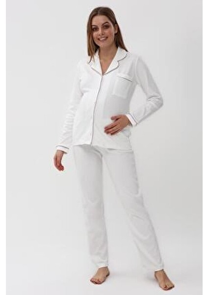 Interlok Düğmeli Hamile Lohusa Uzun Kol Pijama Takımı 1354-01