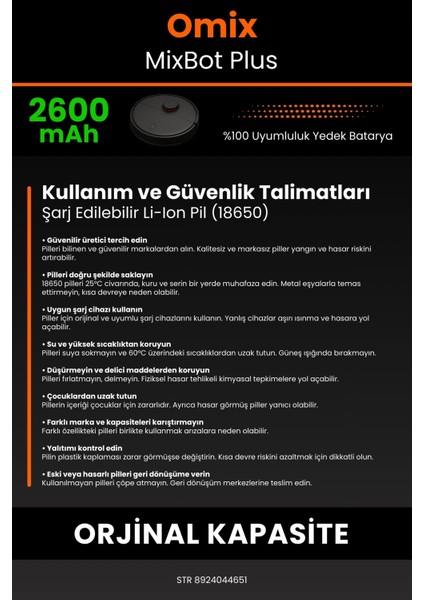 Omix Mixbot Plus 2600MAH Robot Süpürge Bataryası - Gerçek Kapasite, Maksimum Güvenlik