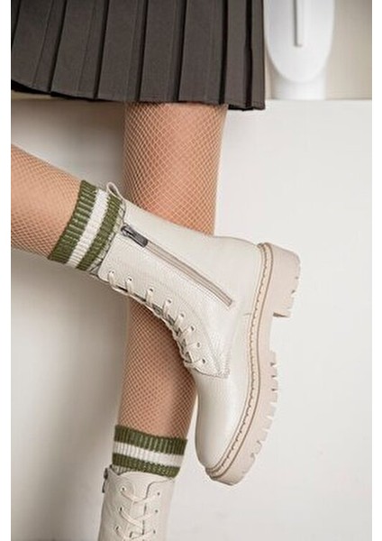 Danny Kadın Bağcıklı Küt Burun Hakiki Deri Postal Bot Bej modelleri