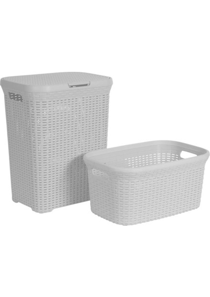 2'li Set Hasır Desenli Plastik Beyaz Çamaşır Sepeti & Beyaz Çamaşır Selesi