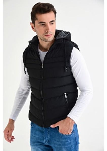 Erkek Siyah Kapüşonlu Polar Astarlı Şişme Yelek