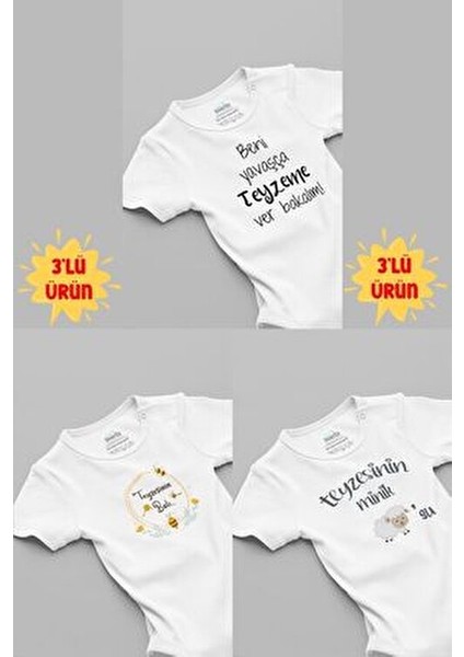 %100 Pamuk Teyze 3'lü Bebek Body Set Beyaz Çıtçıtlı Badi Teyze Yazılı Zıbın Üçlü 5159-5135-T-5124