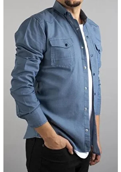 Slim Fit Erkek Kot Gömlek Buz Mavisi