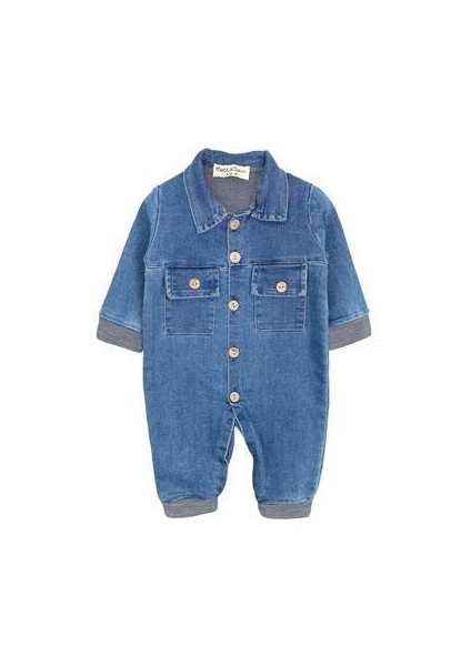 Mavi Düğme Detaylı Bebek Kot Tulum %95 Pamuk Uzun Kol Erkek Kullanımı İçin
