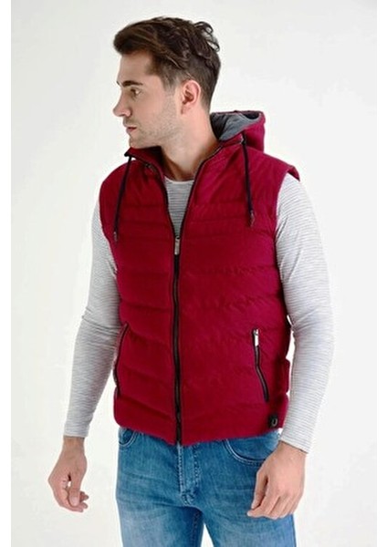Erkek Bordo Kapüşonlu Polar Astarlı Şişme Yelek