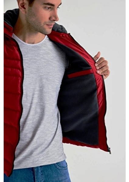 Erkek Bordo Kapüşonlu Polar Astarlı Şişme Yelek