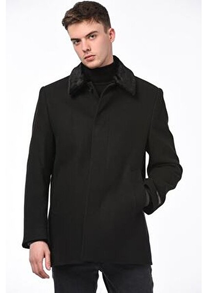 Erkek Siyah Suni Kürklü Yaka Yün Karışımlı Kaşe Rahat Kalıp Kaban