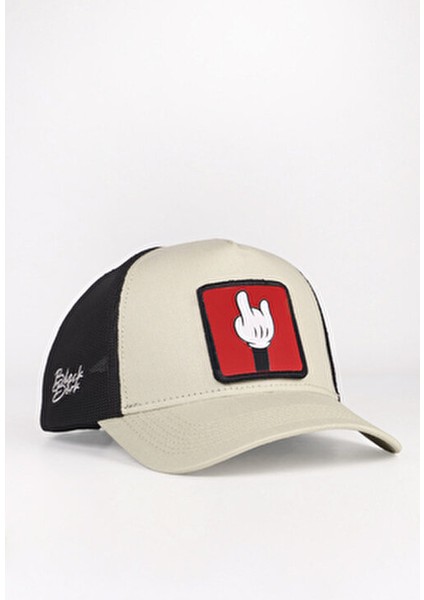 Trucker Şapka Pamuklu Bej ve Siyah Renk Parmak Logolu Tasarım